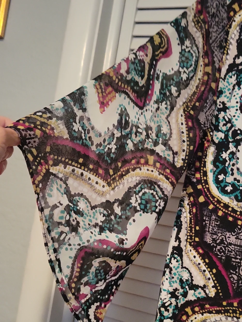 Patterned Boho Tunic Top in White, Teal & Pink & Black